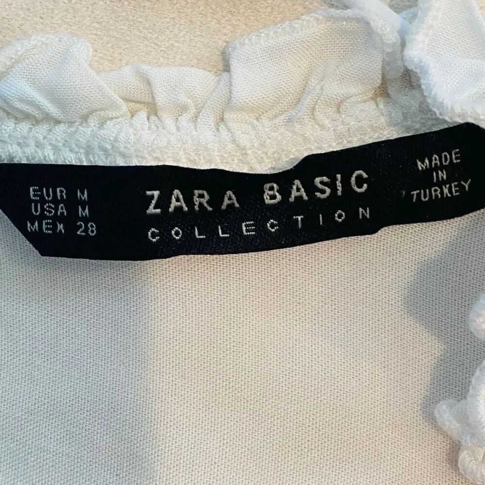 Zara Basic Collection Embroidered Ruffle Trim Long Sleeve Top White Medium - Picture 4 of 5